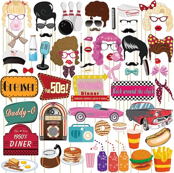 50s Party Photo Booth Props 67 Count | 1950s Sock Hop Rock and Roll Decor