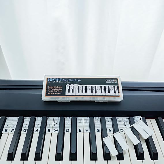 BEATBIT Piano Notes Guide for Beginner, Removable Piano Keyboard Note Labels for Learning, 88-Key Full Size, Made of Silicone, No Need Stickers, Reusable and  with Box (Classic Black Pro)
