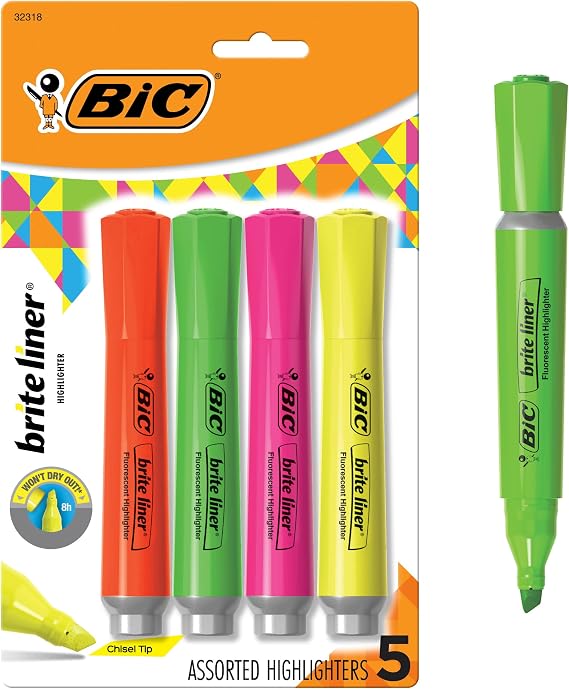 BIC Brite Liner Grip XL Highlighters, Chisel Tip, 4-Count Pack, Assorted