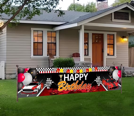 Racing Car Happy Birthday Banner - Race Car Theme Yard Sign for Birthday Party Supplies - Photo Booth Backdrop