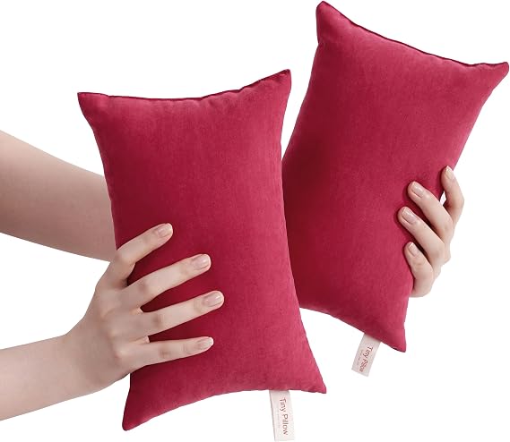 BEDSUM Plush Mini Pillows, 11 x 7, Microfiber, 2 Pack, Red | Suede-like velvety surface with fluffy fill for desk, neck, wrist, knee, travel, crafts, and pet beds; machine washable.