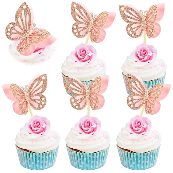 Chinco 48 Pcs Butterfly Cupcake Toppers 3D, Pink, Classic Style