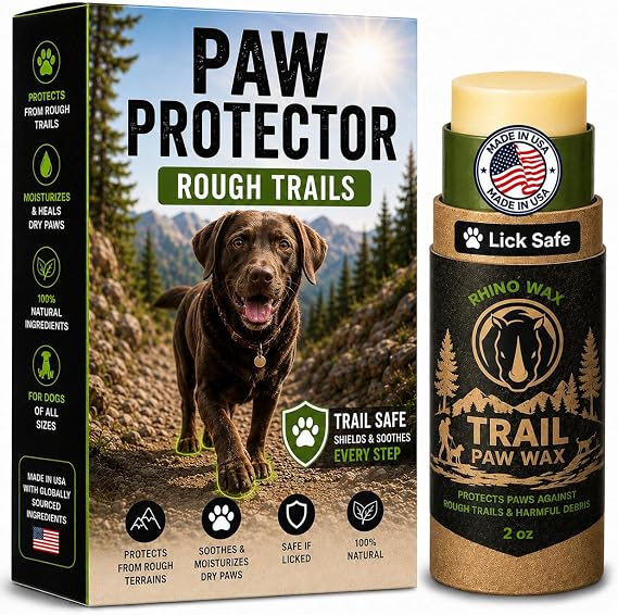 Rhino Wax Trail Paw Wax for Dog Hiking, Rocks, Trails & Rough Terrain | Protect dog paws on hikes from rocks, thorns and rough terrain with Trail Wax designed for rugged hiking adventures.