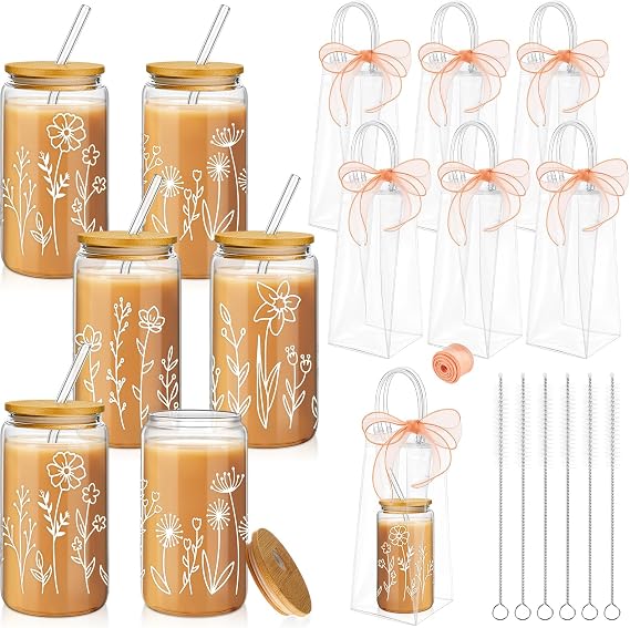 Mumufy 6 Sets Floral Cute Glass Cups with Lids Straws for Bridesmaid, 16 Oz