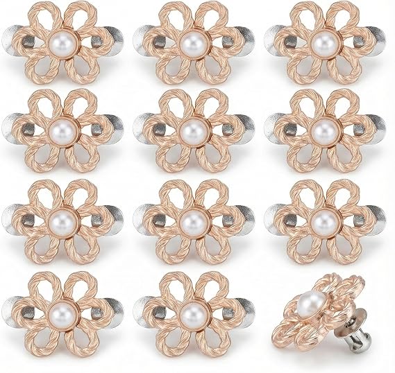 12 Sets Jeans Waist Tightener Buttons, No Sew Adjustable Waist Buckle Pins for Loose Jeans Pants Skirts, Removable Decorative Flower Waist Cinch Button, 1.0" 1.4"