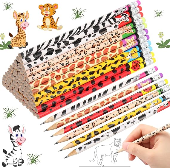 Zhehao 72 Pcs Jungle Safari Pencil Wild Animal Cheetah Print School Supply | Leopard Zebra Giraffe Patterns, Wooden, Stationary Bulk, Back to School Reward Gifts, Student, Teachers, Party Favor Supplies