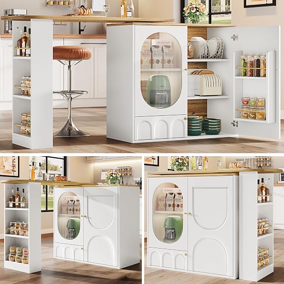 360° Rotating Bar Table with Glass Doors & 3-Tier Side Shelf,White Coffee Bar & Kitchen Island Furniture,Extendable Sideboard with Storage,Modern Home Buffet Table