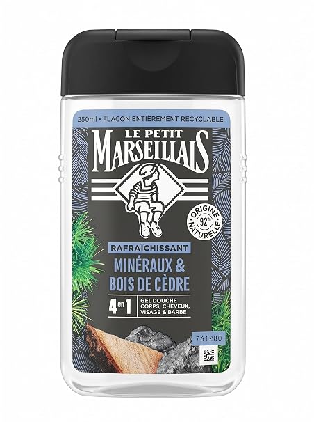 Le Pe Marseillais Shower Gel for Men Minerals & Cedar Wood (Bottle of 250 ml) - 4-in-1 Formula for Body Hair Face and Beard - 92% Ingredients of Natural Origin and pH Neutral
