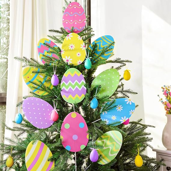 Large Easter Decorations Egg Ornaments: 12 pcs Extra Large Pink Yellow Blue Easter Tree Decorations, Cute Colored Egg Picks Ornaments for Tree Topper, Kids Home School Office Spring Party Vase Decor
