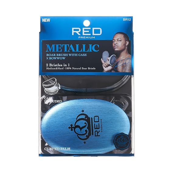 RED Premium Boar Bristles Brush with Case Pocket Wave Bow Wow 360 Wave Tool for Men Curved Hard (Blue)