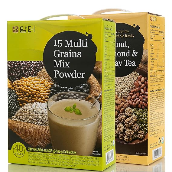Damtuh Korean Misugaru Bundle 15 Multi Grain Mix & Walnut Almond Adlay Tea, Nutritious Powdered Beverage Sticks, Caffeine-Free Breakfast or Snack Drink