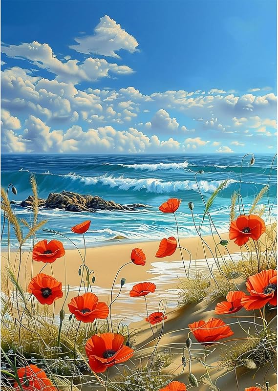 NEWENMO Beautiful Beach Diamond Painting Kits Adults,5D Poppies and Waves Diamond Art,DIY Diamond Arts Mosaic Kits for Adults Beginner,Full Round Drill Gem Art for Home Decoration,30x40cm