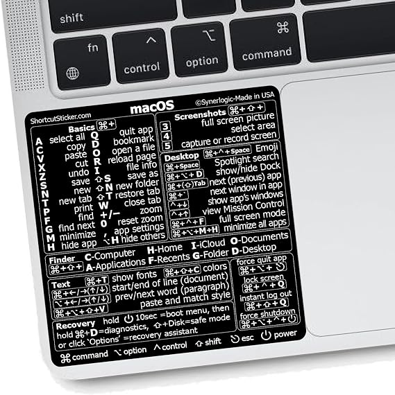 Synerlogic Mac OS Shortcuts Sticker for Air/Pro | Keyboard Stickers for macOS | Laminated Vinyl MacBook Cheatsheet | MacBook Shortcuts 2026 (Black)