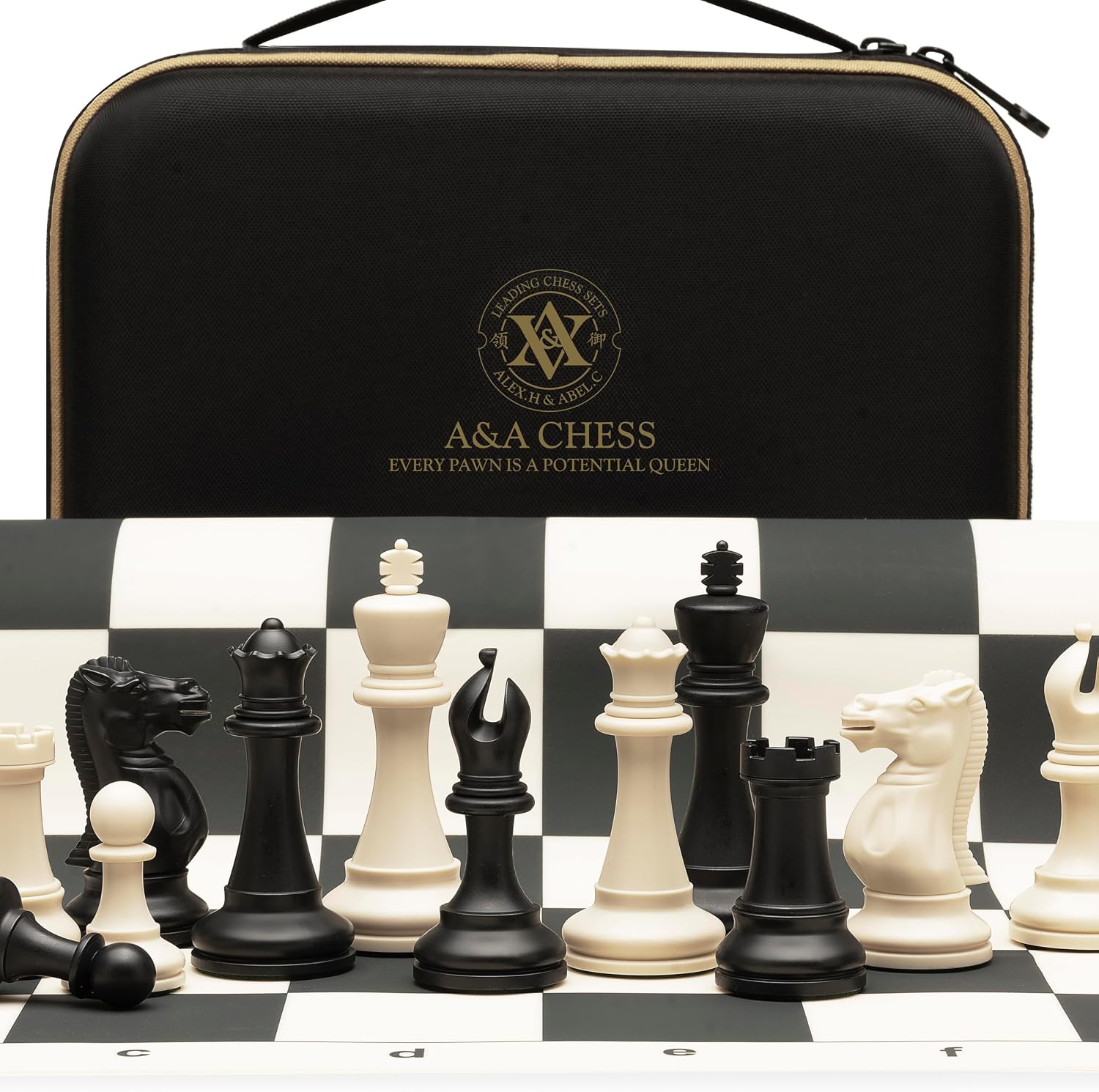 A&A Tournament Chess Set  20'' x 20'' Foldable Silicone Chess Board  3.75'' King Height Plastic Quadruple Weighted Classic Staunton PiecesStorage Bag