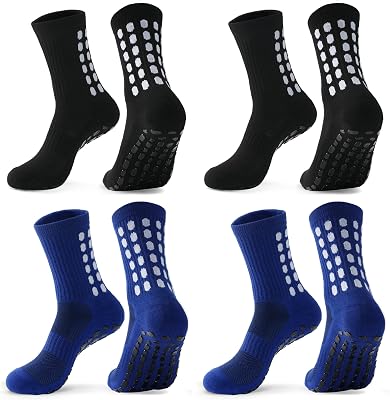 4 Pairs Mens Soccer Socks with Grip Pads Non-Slip Football Basketball Sports Grip Soccer Socks for Men Women