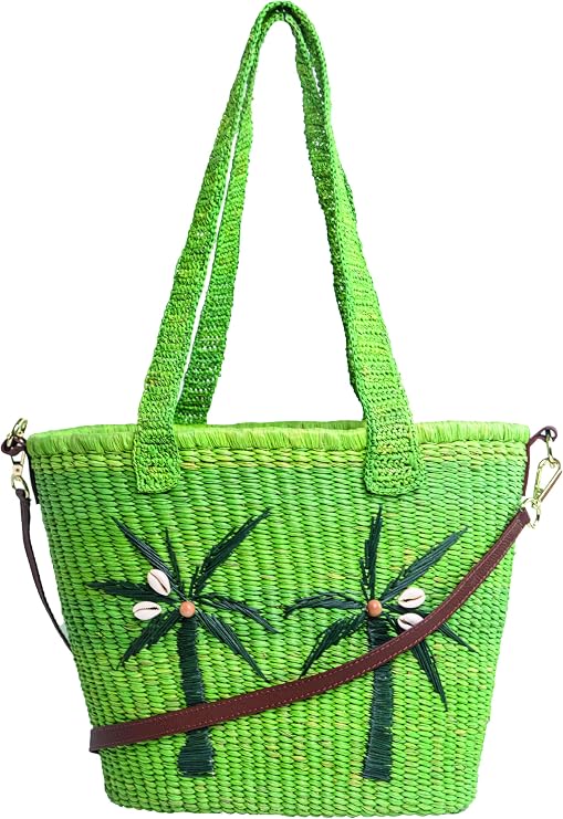 Palmas Tote Bag, Olive Green Straw / Cognac Leather Strap