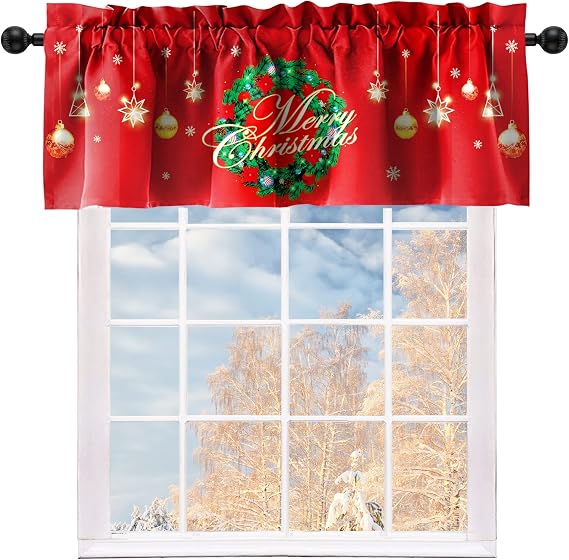 Christmas Valances Wreath Window Short Curtain Valances for Kitchen Bathroom, Rod Pocket Christmas Ornament Ball Small Window Treatment Valances 52x18inch, Red