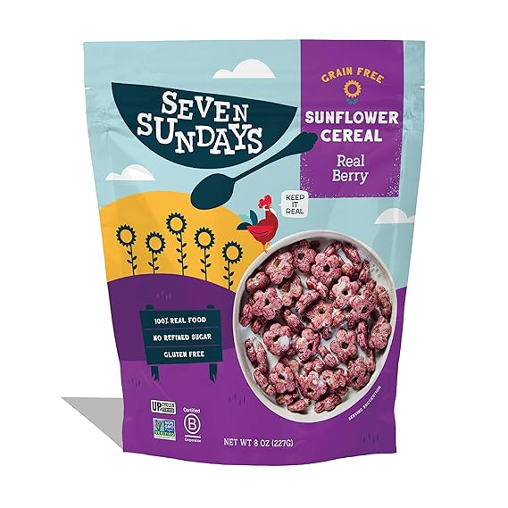 Seven Sundays Sunflower Cereal, Real Berry, 8 Oz Bag, Grain & Gluten Free, 5g Upcycled Protein, 0g Refined Sugar, Crunchy Fruity Snack