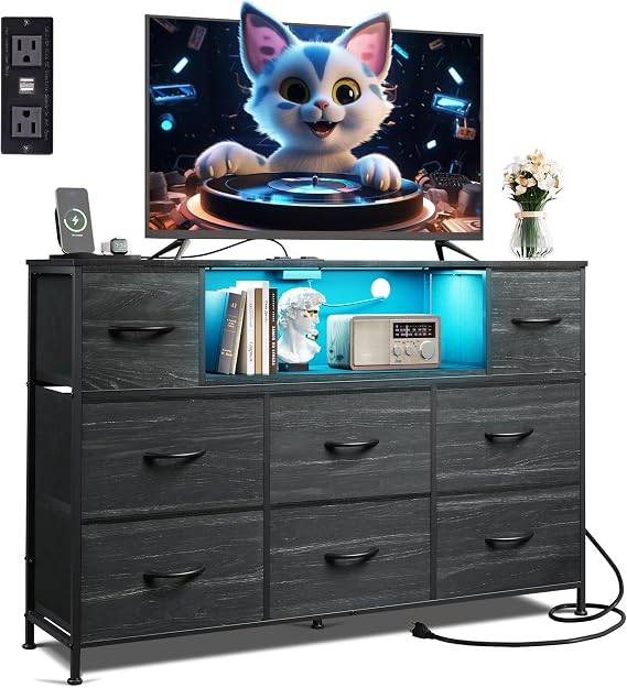 WLIVE Dresser TV Stand for 55 Inch TV, 8 Drawers, LED, Black Wood Grain