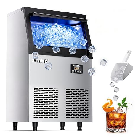 Coolski Commercial Ice Maker Machine, 100 lbs/24H Under Counter Ice Machine with 34lbs Ice Storage, Stainless Steel Freestanding Ice Makers for Home Bar Restaurant Outdoor, 45 Ice Cubes
