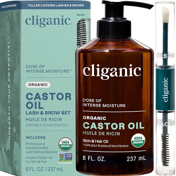 Cliganic Organic Castor Oil, 100% Pure (6oz with Eyelash Kit) - For Eyelashes, Eyebrows, Hair & Skin