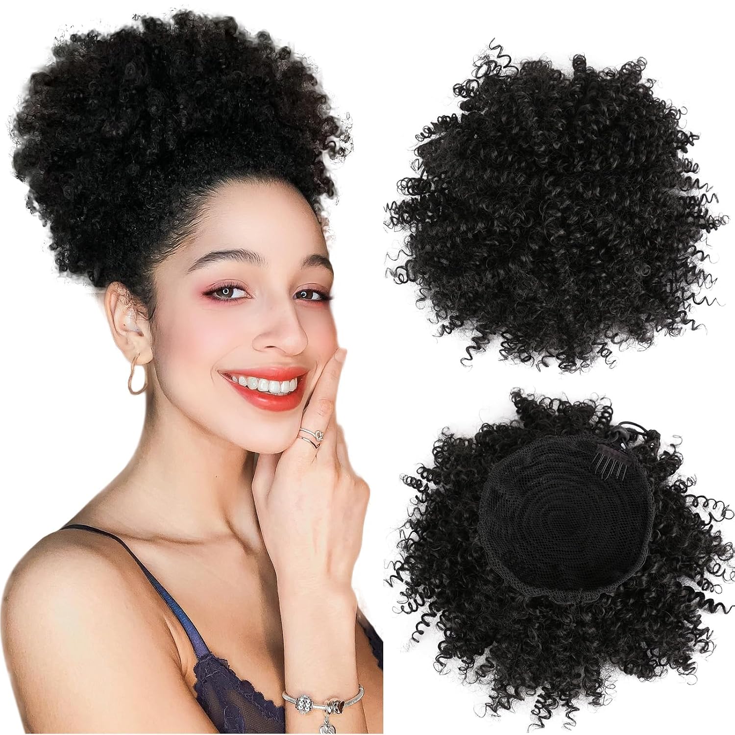 Fashion Icon Synthetic Afro Puff Drawstring Ponytail Short Kinky Curly Hair Extensions Ombre Color Donut Chignon Hairpieces Wig Updo Hair Bun Pony Tail with Two Clips-#1B