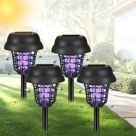 4 Pack Bug Zapper Solar Mosquito Zapper Outdoor Waterproof Solar Mosquito Repellent Outdoor Patio,Cordless & Auto On/Off Small Fly Insect Gnat Zappers for Garden Backyard for Outside, Black