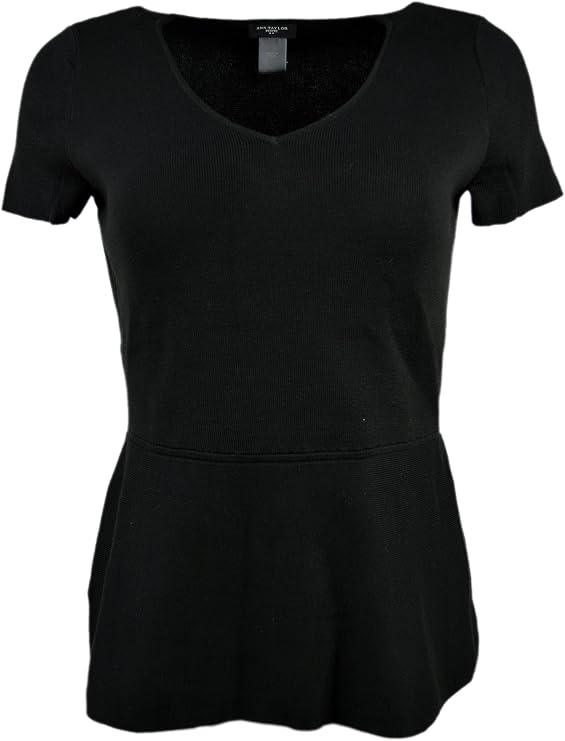 Ann Taylor Women's Petite Short Sleeve V-Neck Peplum Top Black MP Medium Peite