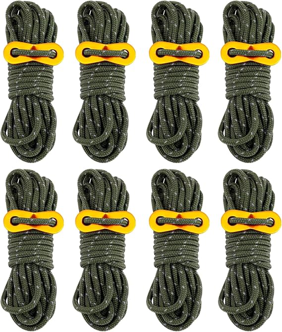 Smithok 8 Pack 4mm Guy Lines Ultralight Tent Cords with Aluminum Adjuster Tensioner Outdoor Camping Guylines Ropes for Tent Tarp,Hiking Backpacking (Army-Green)