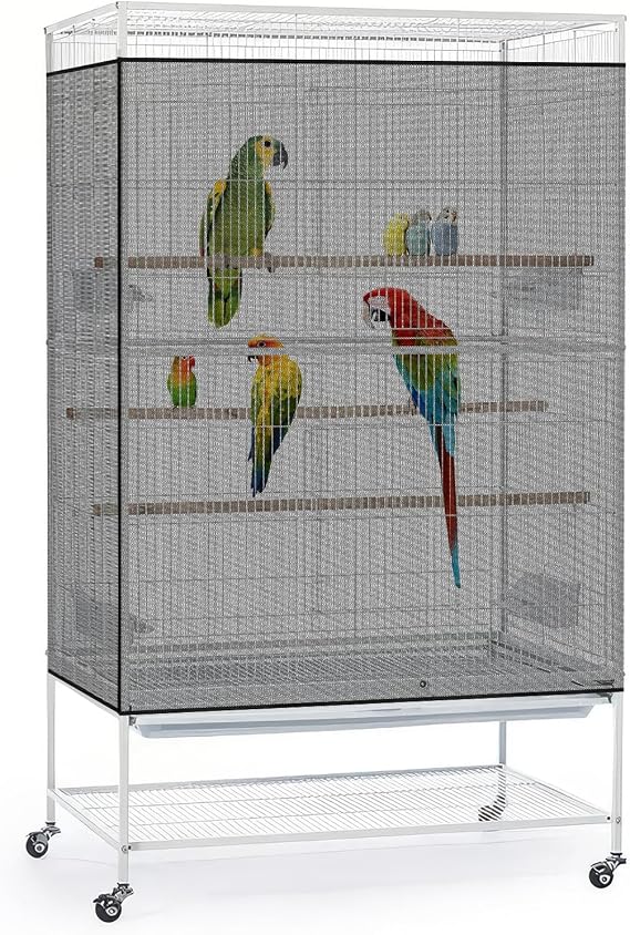 Bissap Bird Cage Seed Catcher, 90-118 Universal Birdcage Net Nylon 31.8'' H Adjustable Elastic Band Stretchy Skirts Mesh Cover for Parrot Cage Seed Guard (Not Include Birdcage)- Black