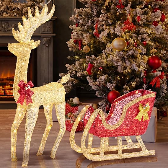 Hexago Lighted Reindeer and Sleigh Outdoor Christmas Decoration, 180 Warm LED Lights, Weather-Resistant Fabric & Metal Frame, Holiday Yard Decor for Garden, Porch, Lawn and Indoor Display