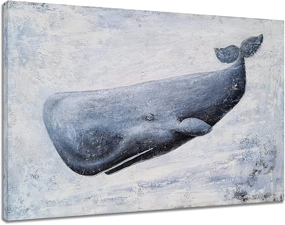 SYGALLERIER Fish Canvas Wall Art with Hand Painted Textured Modern Sperm Whale Paintings Abstract Lovely Coastal Animal Pictures Contemporary Nautical Artwork for Bathroom Living Room Bedroom Decor