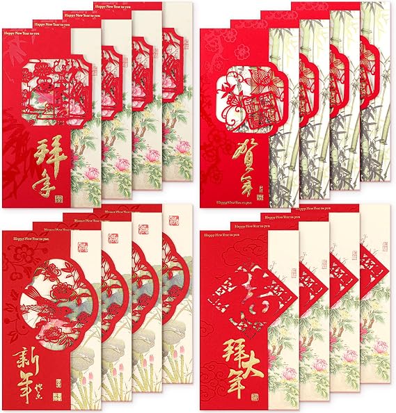 16 Sets Chinese New Year Cards with Envelopes for 2026 Hollow Lunar New Year Greeting Card of the Lucky Spring Festival Postcard for Wishes Friends Family Happy Holiday Gift