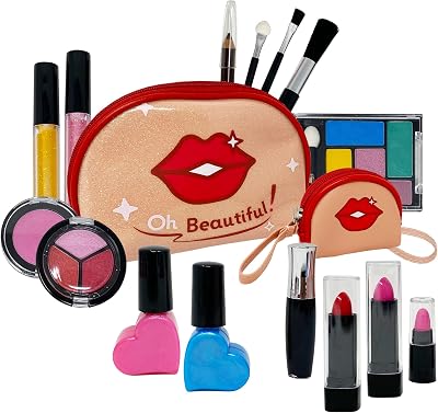 Little Girls Makeup Set Washable Girls Makeup Kit for Kids Age 6 | Toddler Makeup Kit, Kids Play Makeup With Matching 18 inch Doll Accessories, Eyeshadow, Lipstick, Nontoxic Nail Polish, Cosmetic Bag