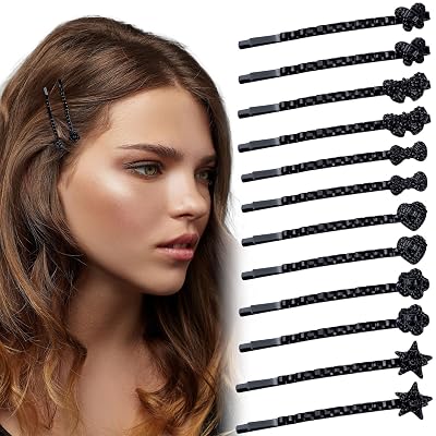 12 Pcs Black Rhinestone Bobby Pins, 6 Styles Sparkly Crystal Diamond Hair Pins for Women, Metal Decorative Star Heart Bow Flower Hair Barrettes, Shiny Hair Accessories for Decoration