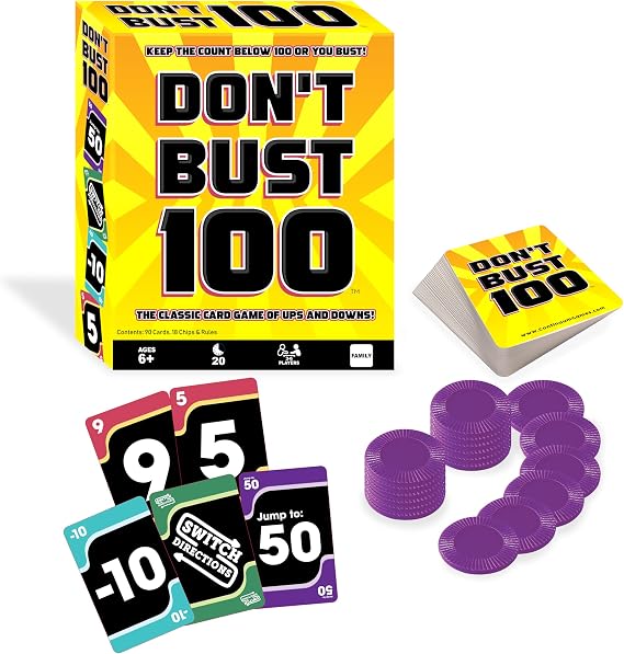 Continuum Games Don't Bust 100 Family Board Game for 3-6 Players | 3-6 Players, Includes 90 Cards, 24 Action Cards, and 18 Life Chips