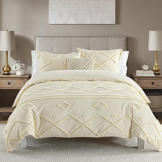 CozyDH Tufted Creamy Duvet Cover Set Queen Size, Boho, Beige, 3 Piece | Modern Geometric Shabby Chic Polyester Bedding Set, Includes Pillow Shams, Zipper Closure & Corner Ties, Soft Breathable