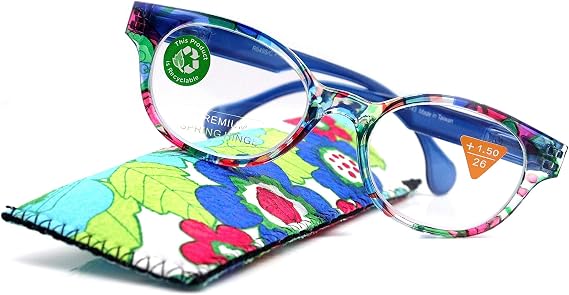 Versailles, Premium Reading Glasses High End Readers+1.25, 1.50 to +3.00, Modern Round Style. Optical Frames. Blue Floral. NY Fifth Avenue
