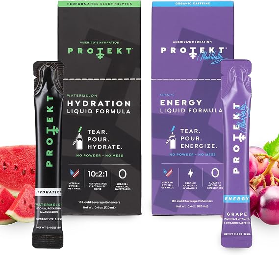 PROTEKT Electrolyte Packets for Recovery & Hydration, Watermelon, 10 Pack | Zero Sugar Energy Drinks, Grape, Pack of 10