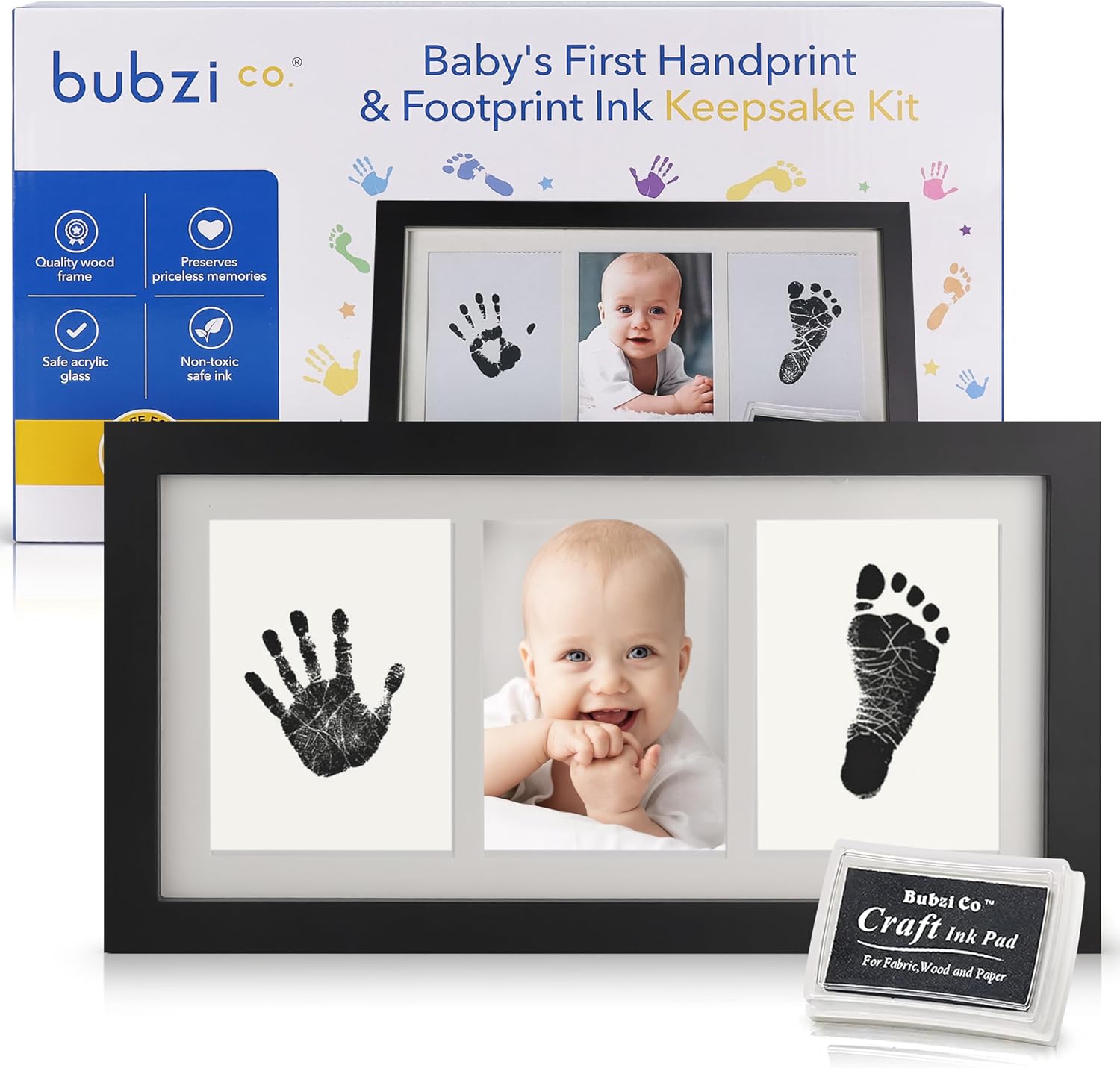 Bubzi Co Baby Handprint Kit & Footprint Photo Frame for Newborn Girls and Boys, Unique Baby Shower Gifts Set for Registry, Memorable Keepsake Decorations for Room Wall or Nursery Decor Jet Black