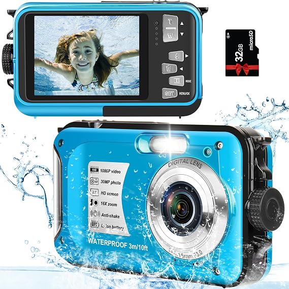 Digital Camera with 32GB Card Point and Shoot Waterproof Camera 10FT 30MP 1080P FHD Video Compact Portable 16X Zoom Waterproof Digital Camera for Kids