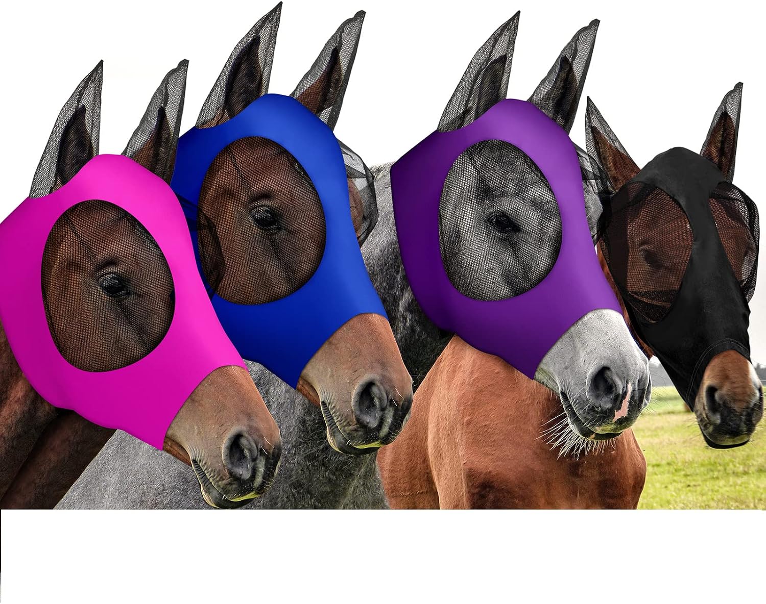 Frienda 4 Pcs Horse Fly Masks with Ears Head Fly Masks for Horses Smooth Elastic UV Protection Cover from Summer Insect PestsMedium,Purple, Blue, Pink, Black