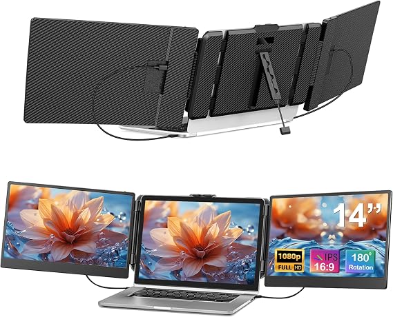 Alecewey Laptop Screen Extender 14 inch Triple Portable Laptop Monitor Attachment FHD 1080P Extra Screen for 13-17 Laptops with Windows Chrome Mac
