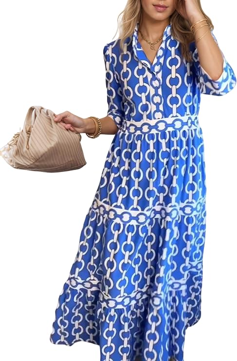 Womens Geometric Chain Print Maxi Shirt Dress Collared 3/4 Sleeve Flowy Casual Vacation Party Wedding Guest Dresses