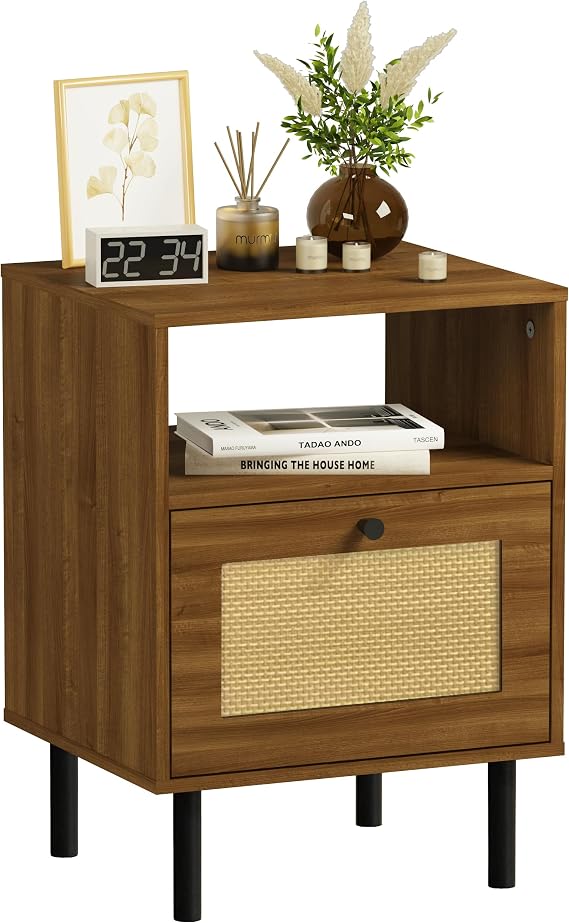 Rattan Nightstand with Drawer, Boho Bedside End Table, Walnut
