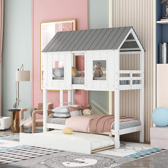 Bellemave House Bunk Beds with Trundle Twin Over Twin Bunk Bed Wood Fun Playhouse Bunked Frame for 3 Kids Girls Boys Teens, White