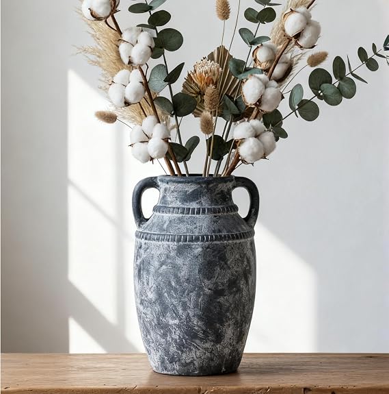 Lvases 11" Ceramic Flowers Vase Rustic Farmhouse Gray White Textured Vase | Handcrafted Textured Vase for Home Decor Living Room Table Centerpiece Pottery Pampas Grass Cotton Eucalyptus (C)