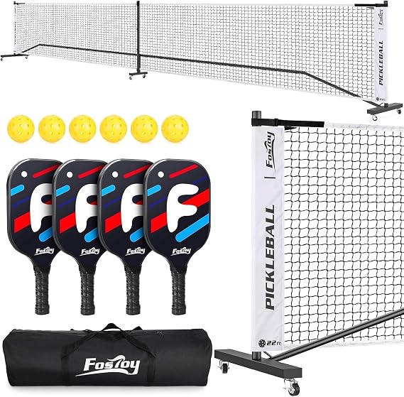 Fostoy Pickleball Net Set with Wheels,4 Fiberglass Paddles,6 Pickleballs