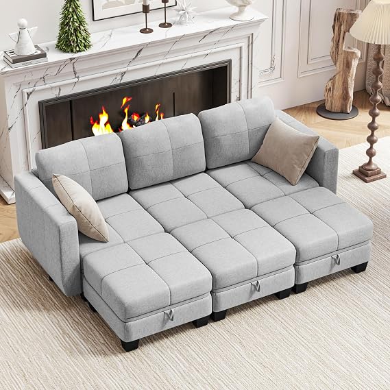 Hello-5ive Sofa Bed with Storage, Modern Fabric 6 Seater Corner Large Sofa Convertible 2 Seater 3 Seater Sofa, L-Shaped U-Shaped Couch with Ottoman for Living Room, Grey