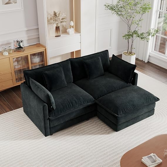 Setawix Modern Modular Sectional Sofa, 76.7" Upholstered Chenille Loveseat with Movable Ottoman Comfy L-Shaped Sofa, Oversized Deep Seat Cloud Couch with 2 Toss and Arm Pillows for Living Room, Black